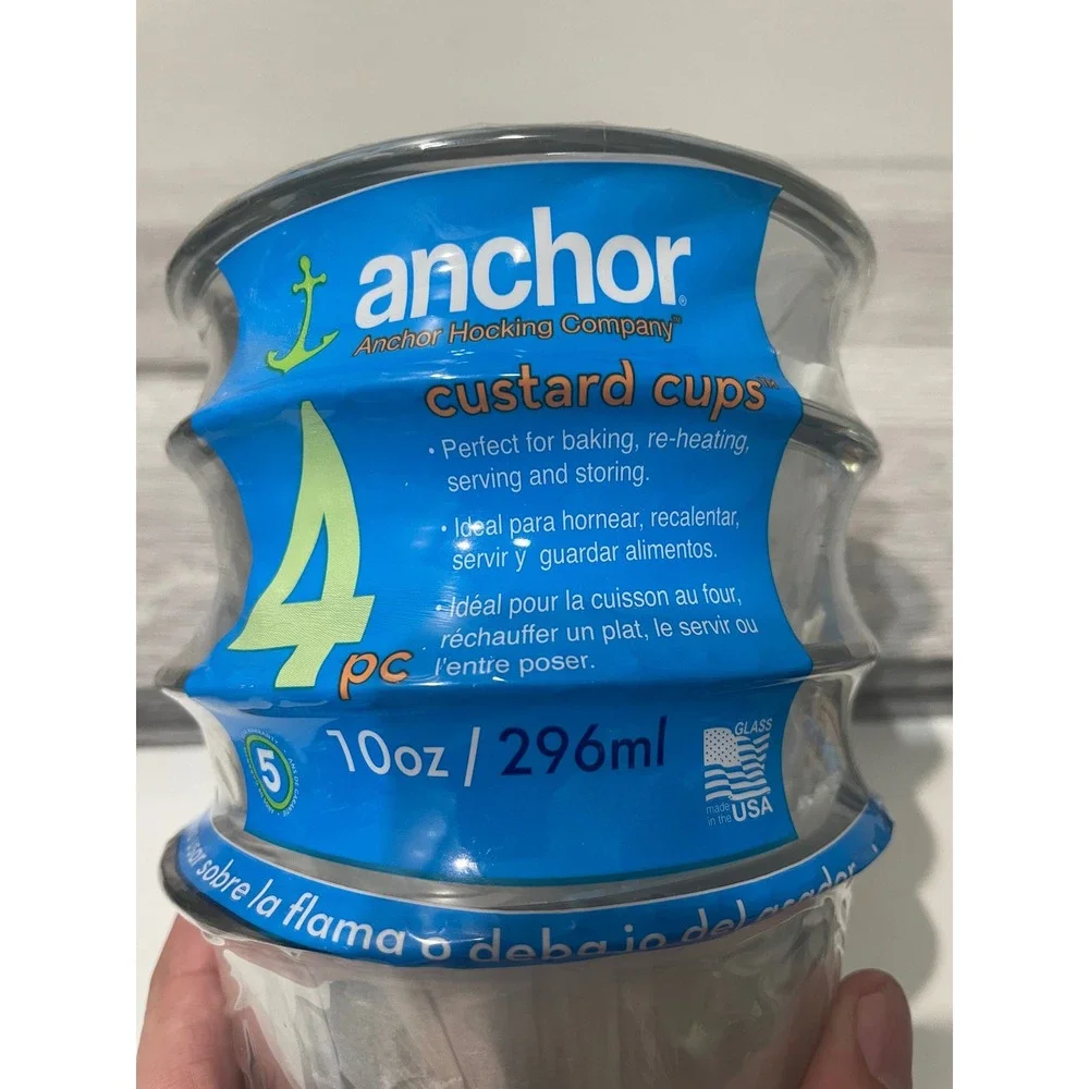 Anchor‎ Hocking 10oz Glass Custard Cups Set of 4 Clear Baking Serving Bowls NEW